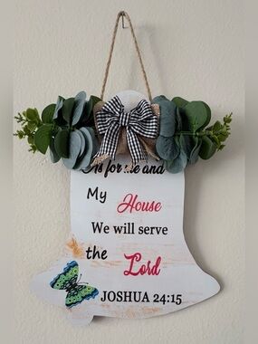 Bell-Shaped Hanging Wall Sign Joshua 24:15 Bible Verse w/ Faux Greenery Bow